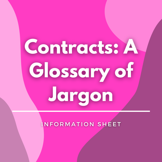 Contracts: A Glossary of Jargon written atop a pink, graphic background
