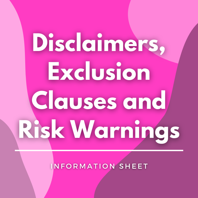 Disclaimers, Exclusion Clauses and Risk Warnings written atop a pink, graphic background