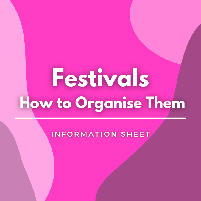 Festivals How to Organise Them written atop a pink, graphic background