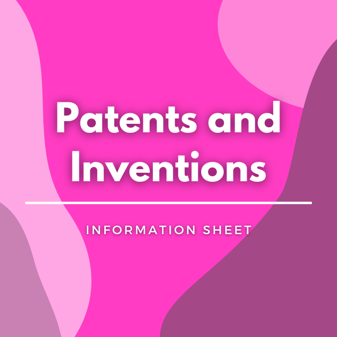 Patents and Inventions written atop a pink, graphic background