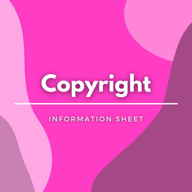 Copyright written atop a pink, graphic background