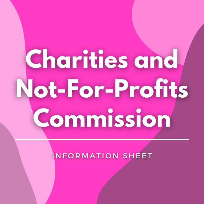 Charities and Not-For-Profits Commission written on a pink, graphic background