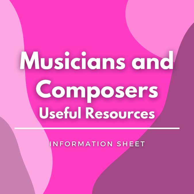 Musicians and Composers Useful Resources written atop a pink, graphic background