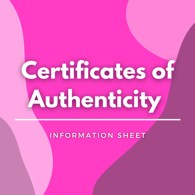 Certificates of Authenticity written on a pink, graphic background