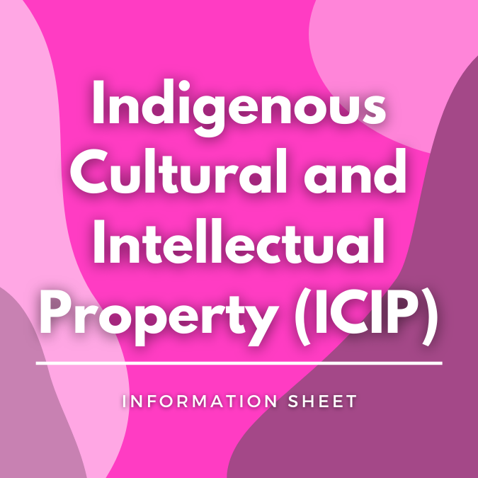 Indigenous Cultural and Intellectual Property (ICIP) written atop a pink, graphic background