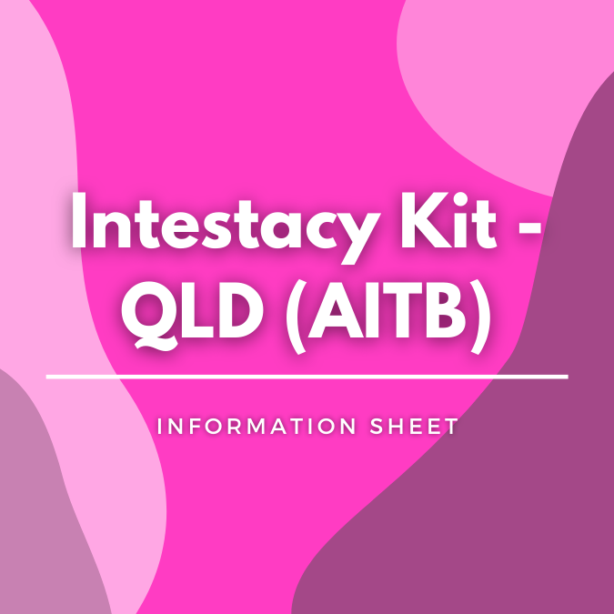 Intestacy Kit - QLD (AITB) written atop a pink, graphic background