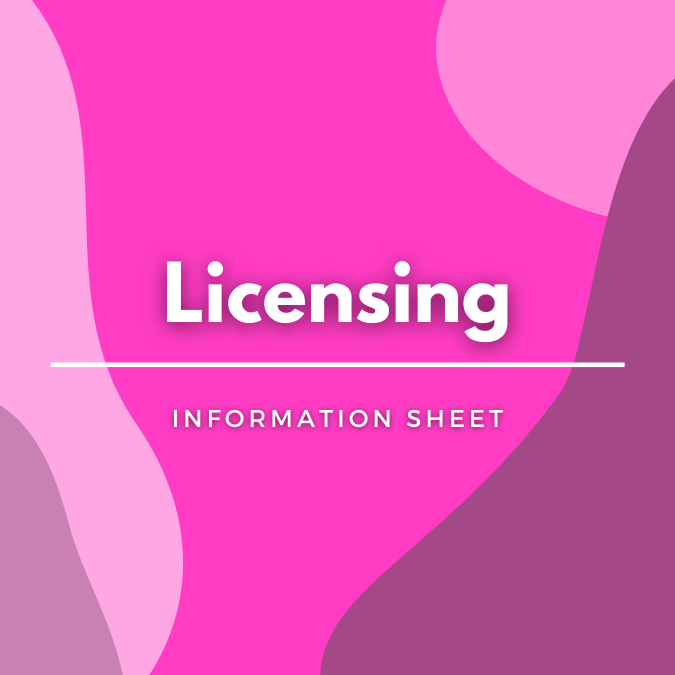 Licensing written atop a pink, graphic background