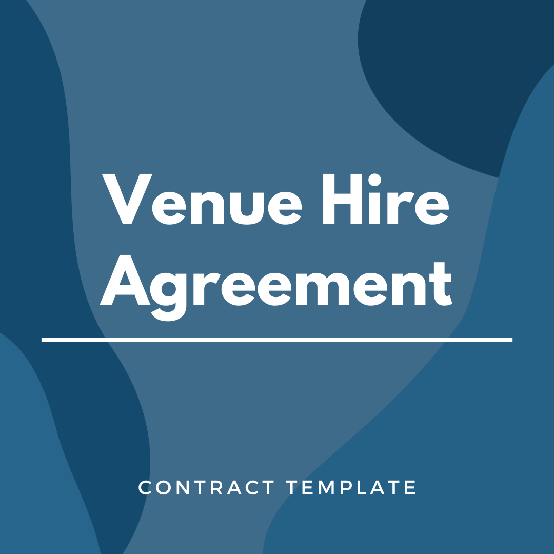 Venue Hire Agreement written on a blue graphic background