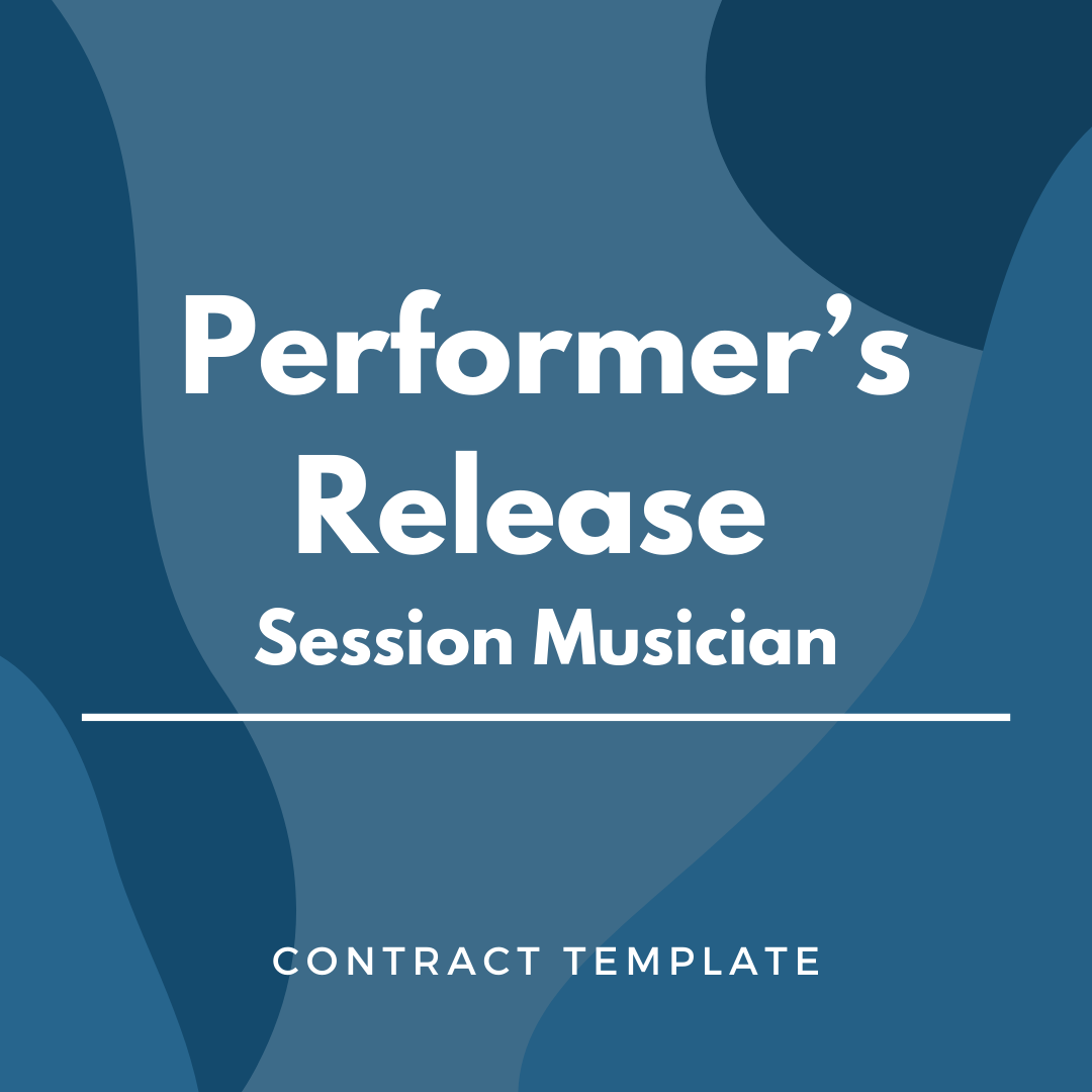 Performer's Release Session Musician, written on a blue, graphic background