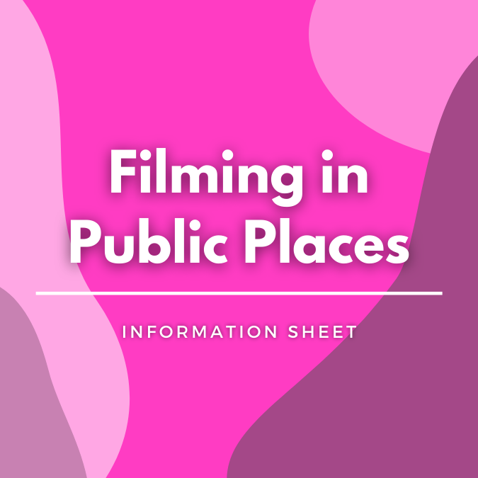 Filming in Public Places written atop a pink, graphic background