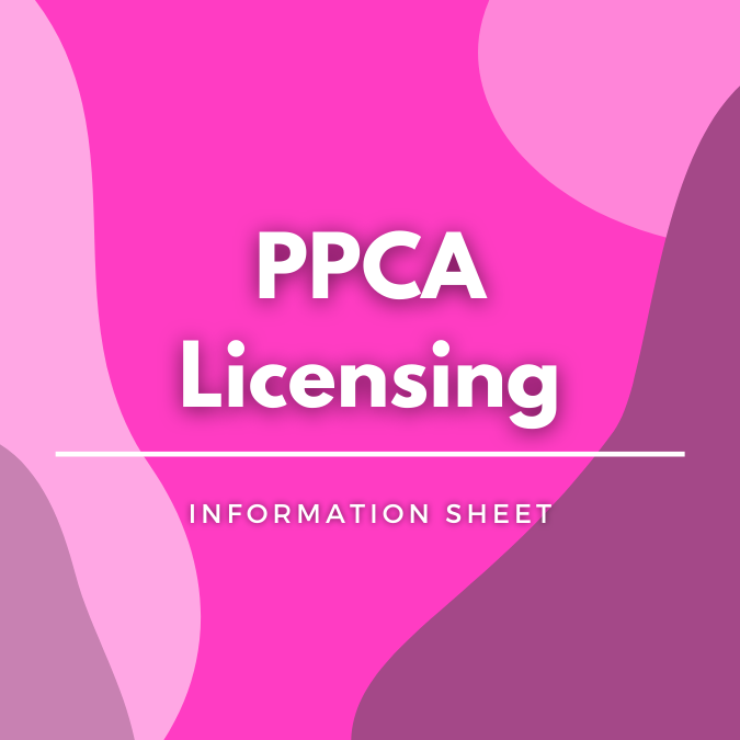 PPCA Licensing written atop a pink, graphic background