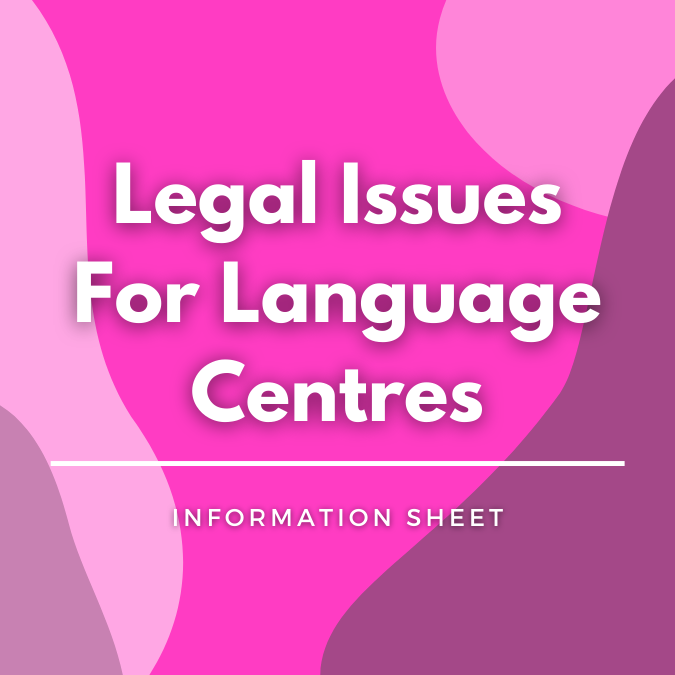 Legal Issues for Language Centres written atop a pink, graphic background