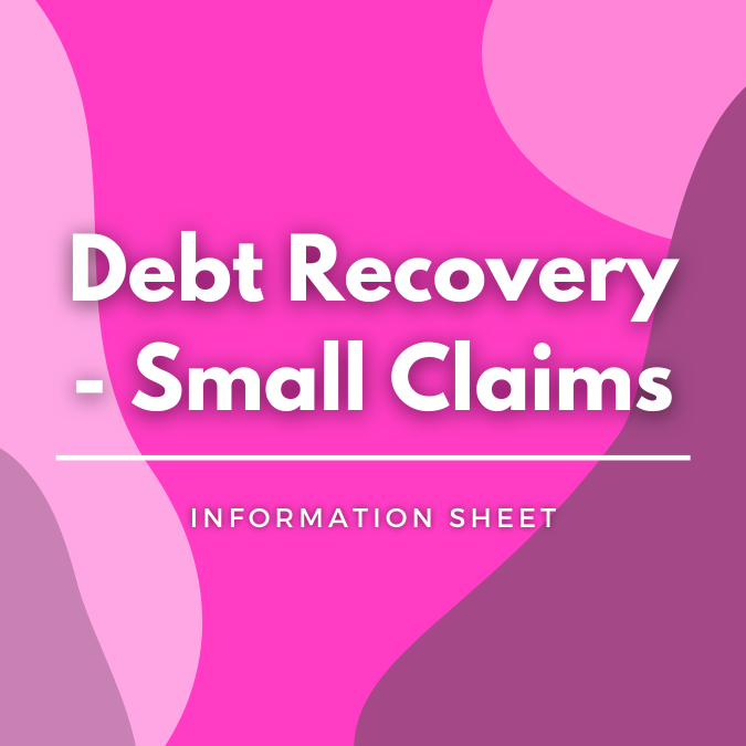 Debt Recovery - Small Claims written atop a pink, graphic background