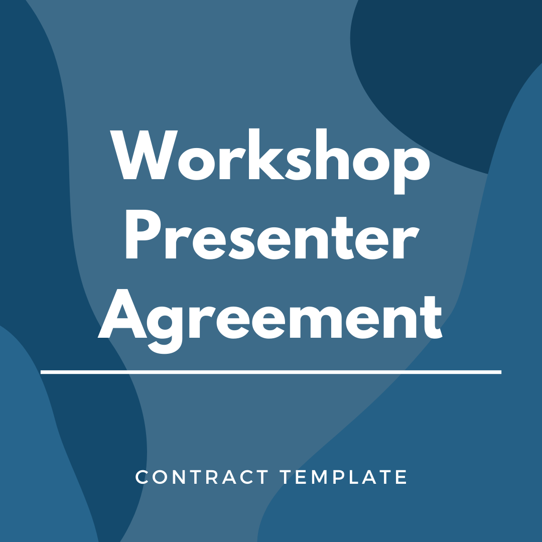 Workshop Presenter Agreement written on a blue, graphic background