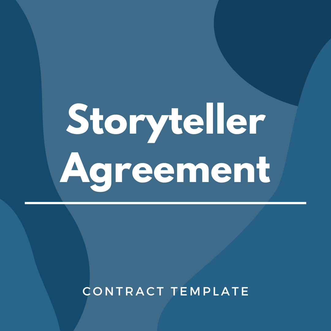 Storyteller Agreement written on a blue, graphic background