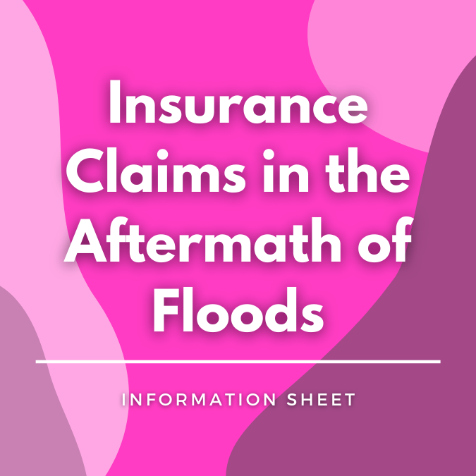 Insurance Claims in the Aftermath of Floods written atop a pink, graphic background