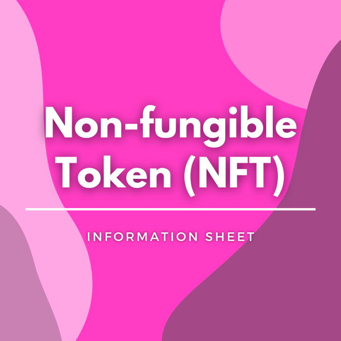 Non-fungible Token (NFT) written atop a pink, graphic background