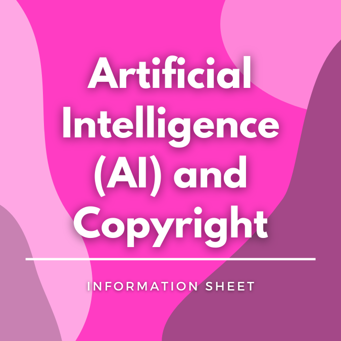 Artificial Intelligence (AI) and Copyright written on a pink, graphic background