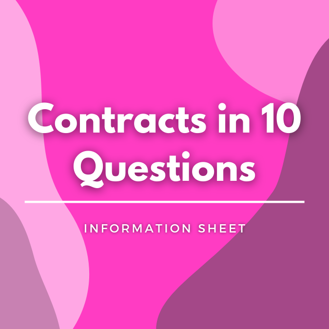 Contracts in 10 Questions written atop a pink, graphic background