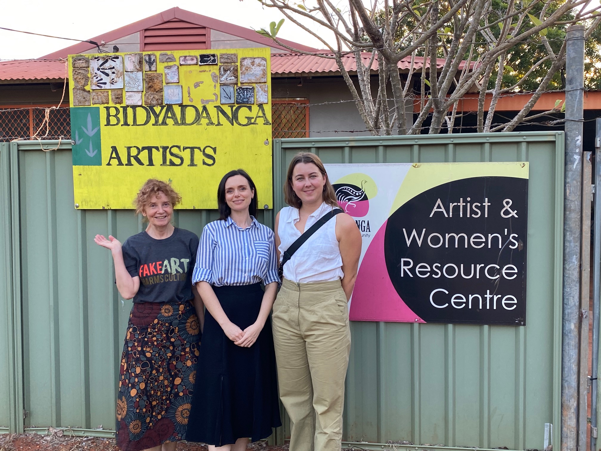 Robyn, Chloe, and Clea outside Bidyadanga Artists.