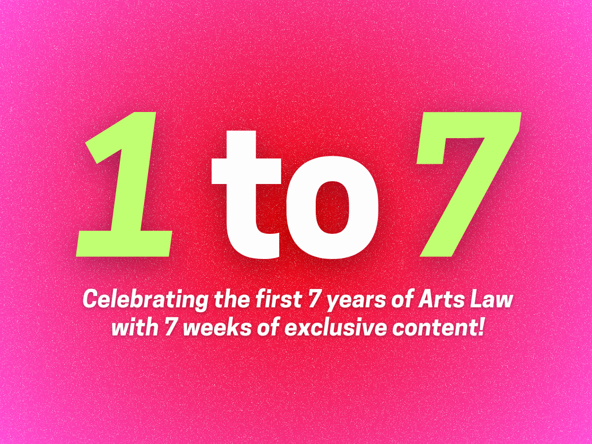 A colourful header image in pink and green, announcing a review of weeks 1 to 7 of Arts Law's 40th Birthday celebration.