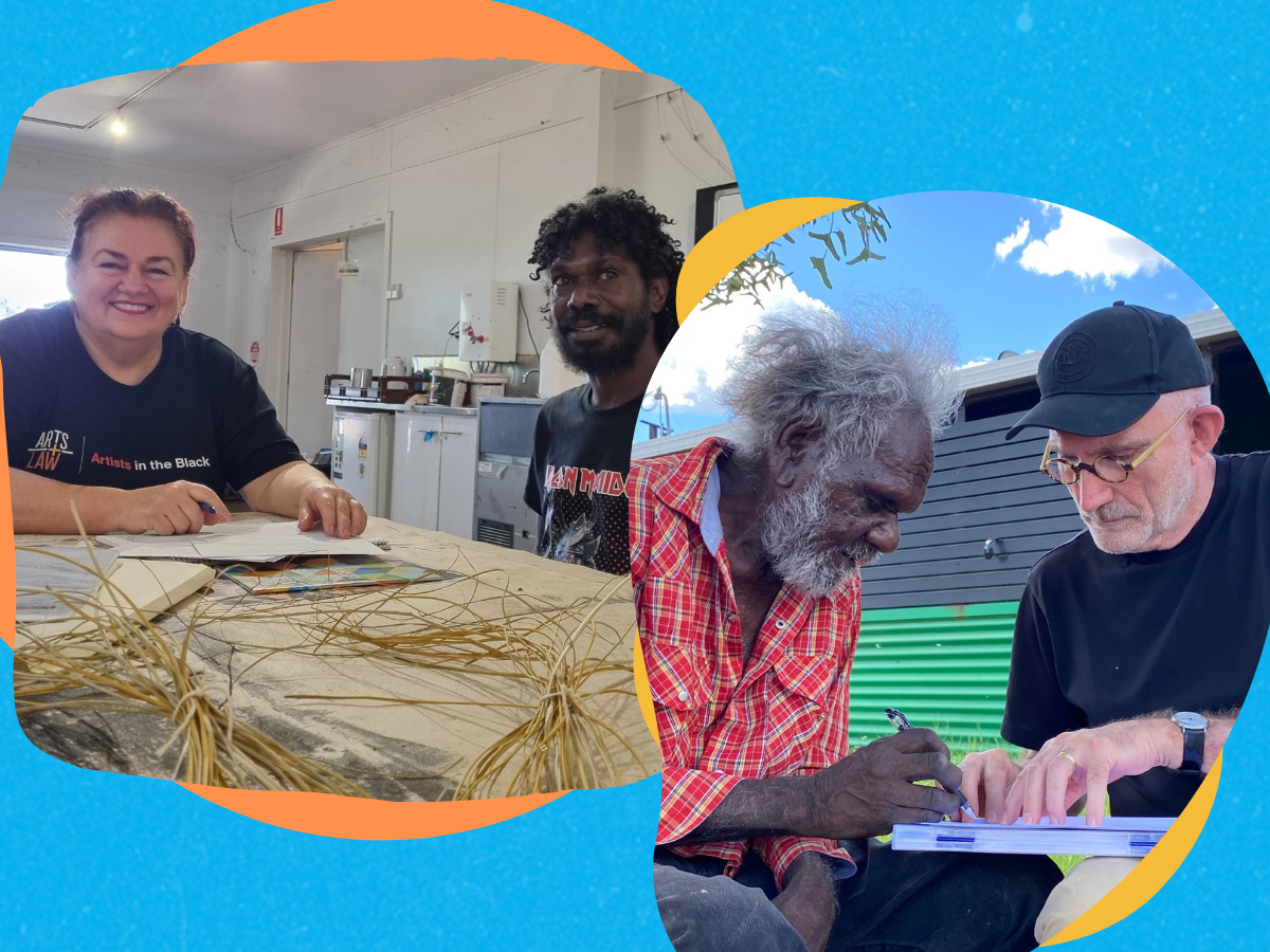 A graphic featuring photos of Arts Law's lawyers and volunteers working with artists whilst on outreach to remote communities.