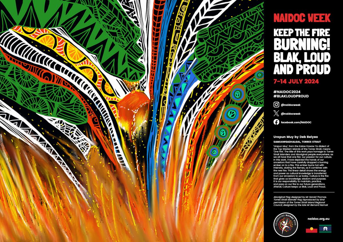2024 National NAIDOC Week Poster, featuring Urapun Muy by Deb Belyea, downloaded from the NAIDOC website