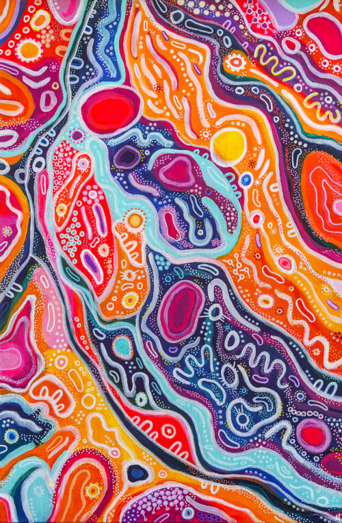 Artwork by Aboriginal artist, Tim Buckley, featuring bright orange, pink and purple with blue highlights.