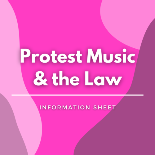 White text on pink background with the words Protest Music & the Law